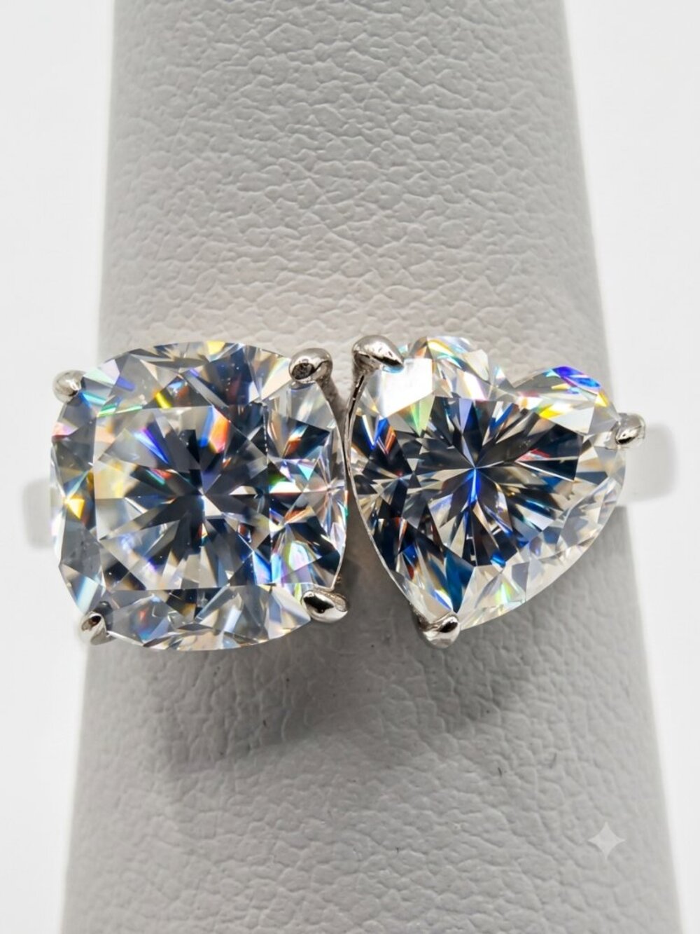 5 CTW Moissanite Toi et Moi Ring Cushion & Heart Cut .925